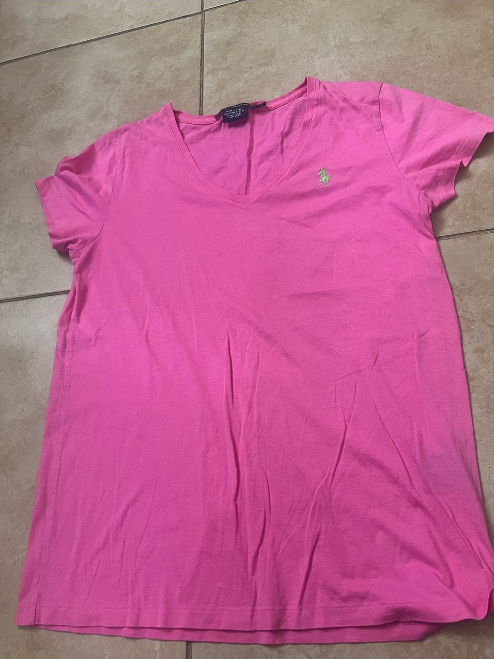 Ralph Lauren Hot Pink V-Neck Cotton Tee with Lime Pony